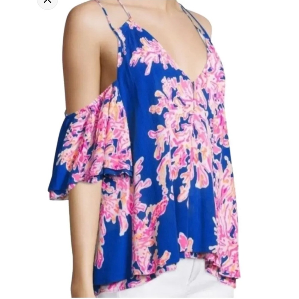 Lilly Pulitzer‎ Bellamie Womens Small Coral Print Cold Shoulder V-Neck Blouse